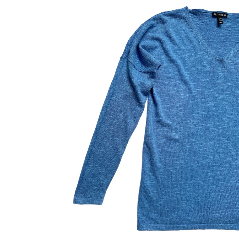 Eileen Fisher Organic Cotton Linen Blue V Neck Pull over, XS - Picture 3 of 7